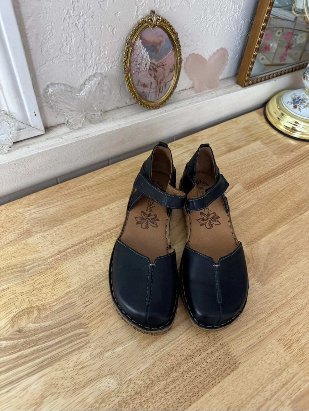 Josef Seibel Black Leather Mary Jane Comfort Flats EU 39 Minimalist Classic